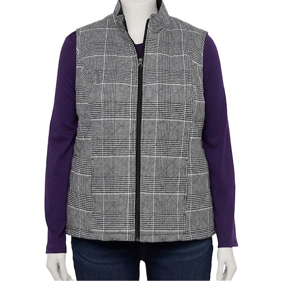 Croft & Barrow plus size 1x black & white houndstooth thin puffer vest EUC - Picture 2 of 15
